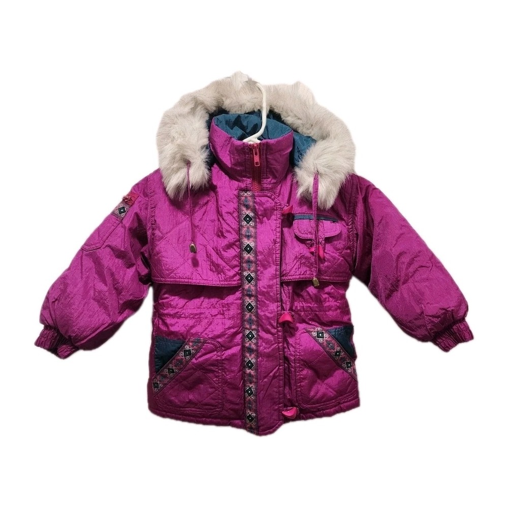 Vtg 80s 90s French Toast Parka W Removable Faux Fur Hood Magenta Teal Girls 4T